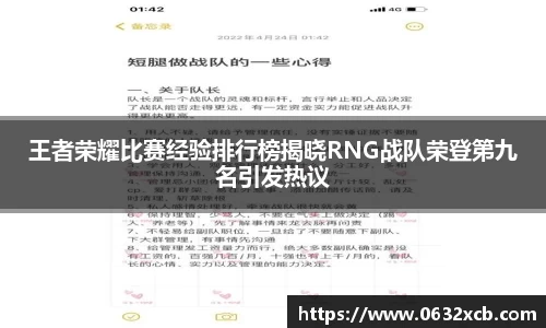 王者荣耀比赛经验排行榜揭晓RNG战队荣登第九名引发热议